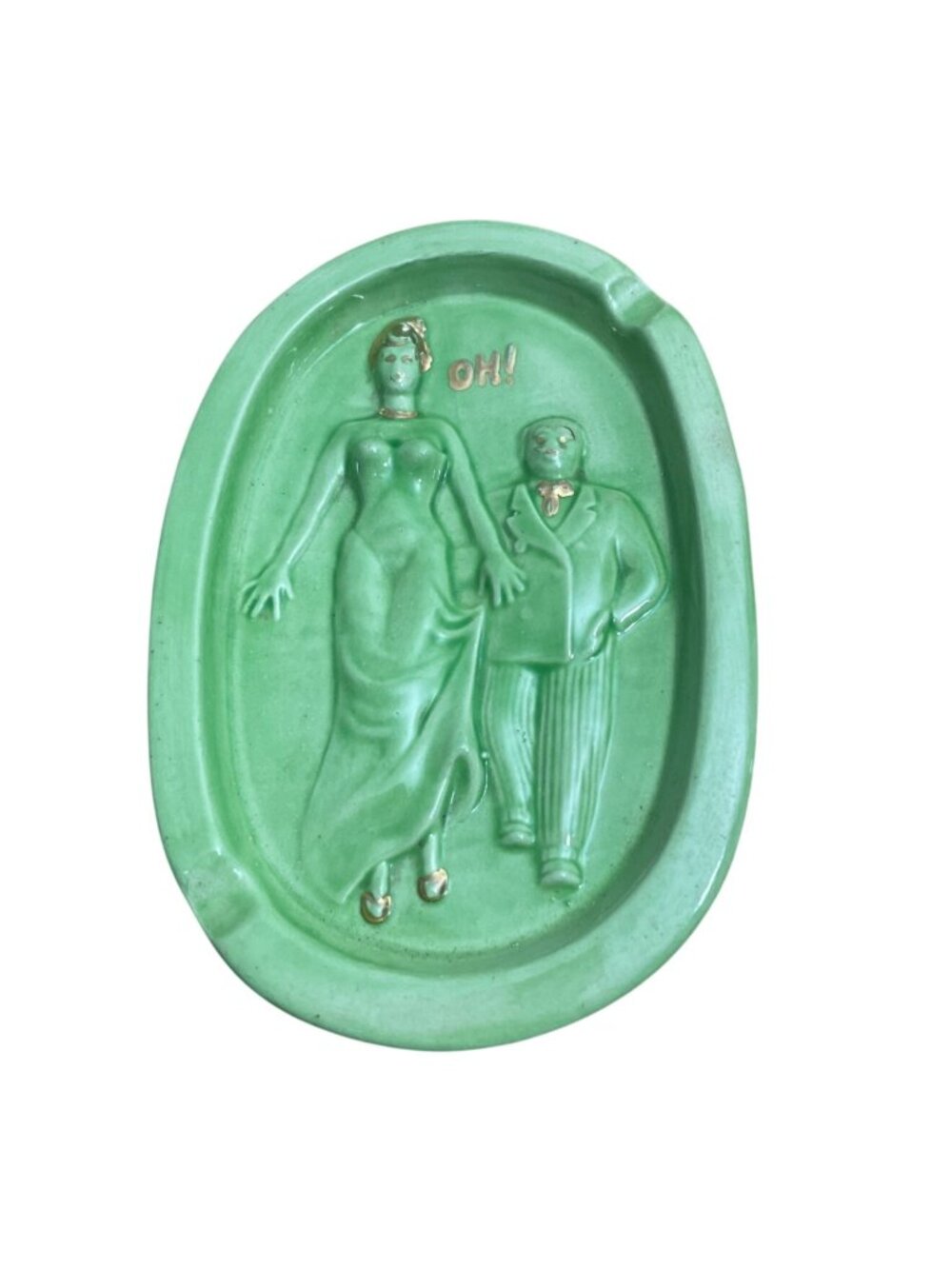 Vtg Risqué Green Ceramic Ashtray Oh! Raised 2 Sided Man Grabbing Womans Butt